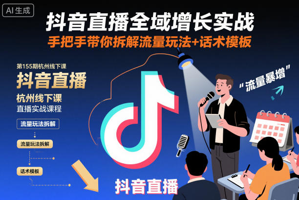 抖音直播全域增长实战第155期杭州线下课，手把手带你拆解流量玩法+话术模板-紫橙资源网