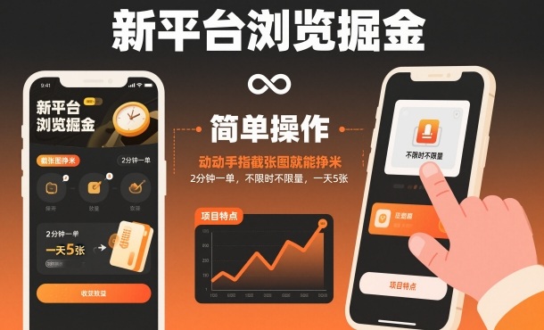 新平台浏览掘金，动动手指截张图就能挣米，2分钟一单，不限时不限量，一天5张-紫橙资源网