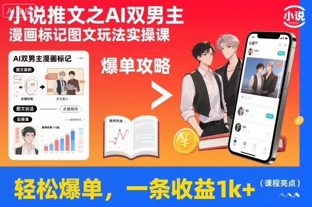 小说推文之AI双男主漫画标记图文玩法实操课,轻松爆单,一条收益1k+-紫橙资源网