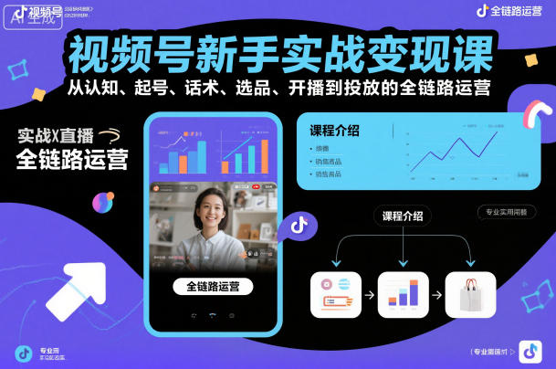 视频号新手实战变现课,从认知、起号、话术、选品、开播到投放的全链路运营-紫橙资源网