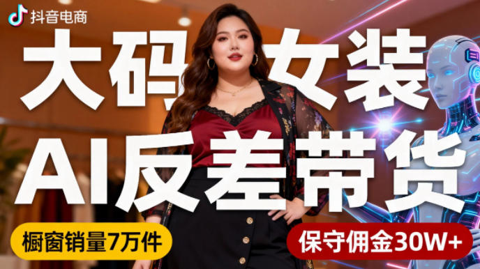 抖音小众赛道，大码女装AI反差带货，不用直播，每天6条作品，橱窗卖7万件，保守佣金30W+-紫橙资源网
