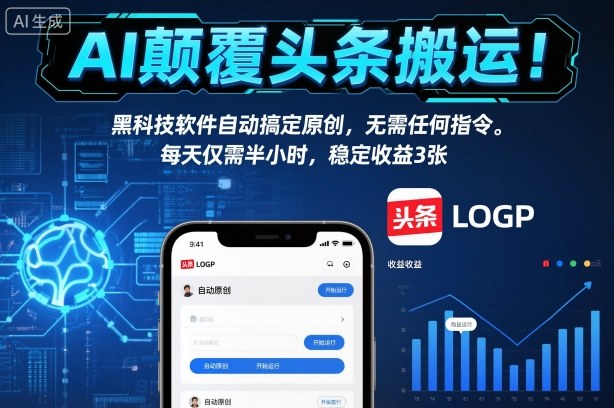 AI颠覆头条搬运！黑科技软件自动搞定原创，无需任何指令。每天仅需半小时，稳定收益3张-紫橙资源网