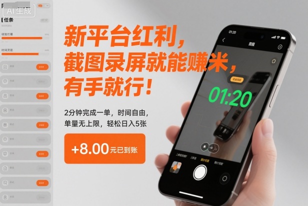 新平台红利，截图录屏就能賺米，有手就行！2分钟完成一单，时间自由，单量无上限，轻松日入5张-紫橙资源网