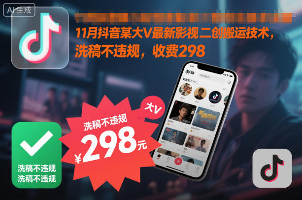 11月抖音某大V最新影视二创搬运技术，洗稿不违规，收费298-紫橙资源网