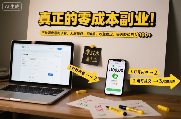 真正的零成本副业！问卷调查暴利项目，无脑操作，纯0撸，收益稳定，每天轻松日入100+-紫橙资源网