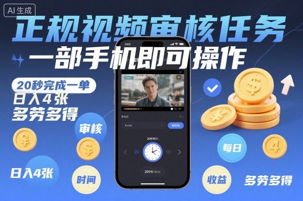 正规视频审核任务,一部手机即可操作,20秒完成一单,日入4张,多劳多得-紫橙资源网