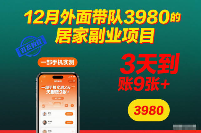 12月外面带队3980的居家副业项目,一部手机实测3天到账9张+,首发教程-紫橙资源网