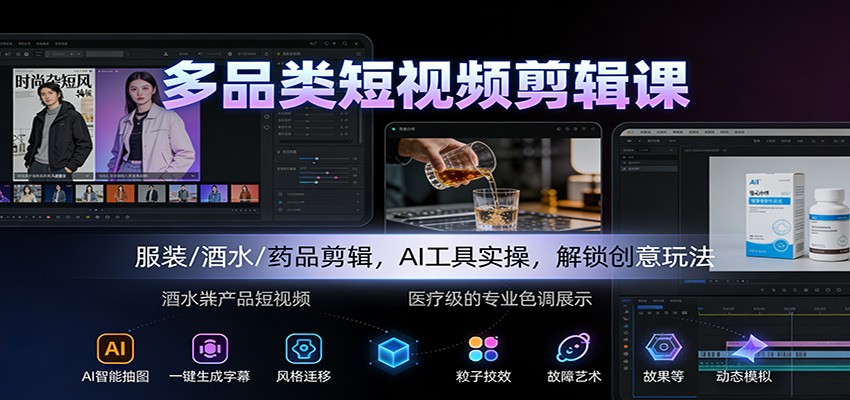 多品类短视频剪辑课:服装/酒水/药品剪辑,AI工具实操,解锁创意玩法-紫橙资源网