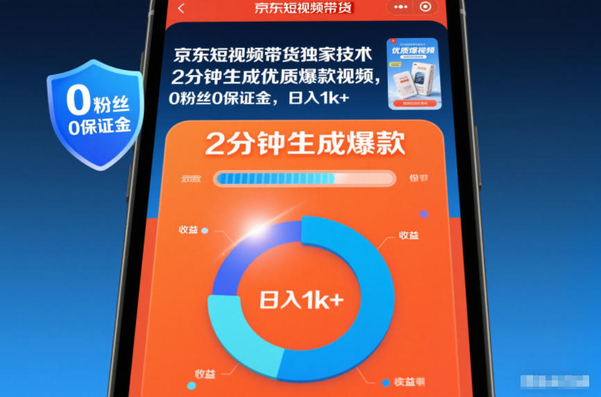 京东短视频带货独家技术,2分钟生成一条优质爆款视频,0粉丝0保证金,日入1k+-紫橙资源网