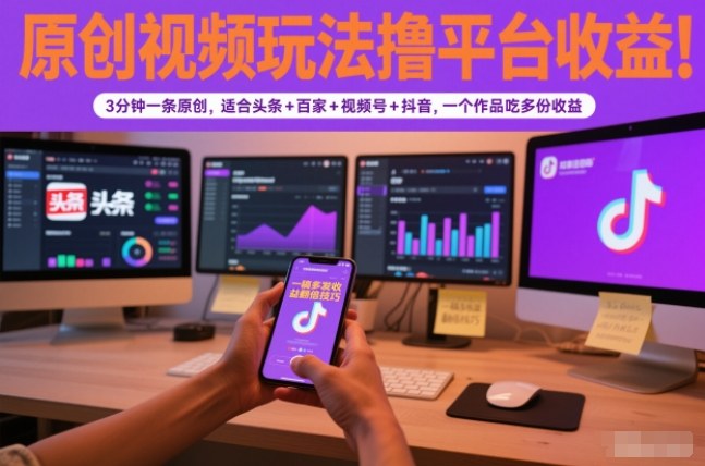 原创视频玩法撸平台收益,3分钟一条原创,适合头条+百家+视频号+抖音,一个作品吃多份收益-紫橙资源网