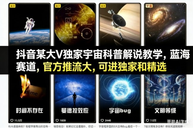 抖音某大V独家宇宙科普解说教学,蓝海赛道,官方推流大,可进独家和精选-紫橙资源网