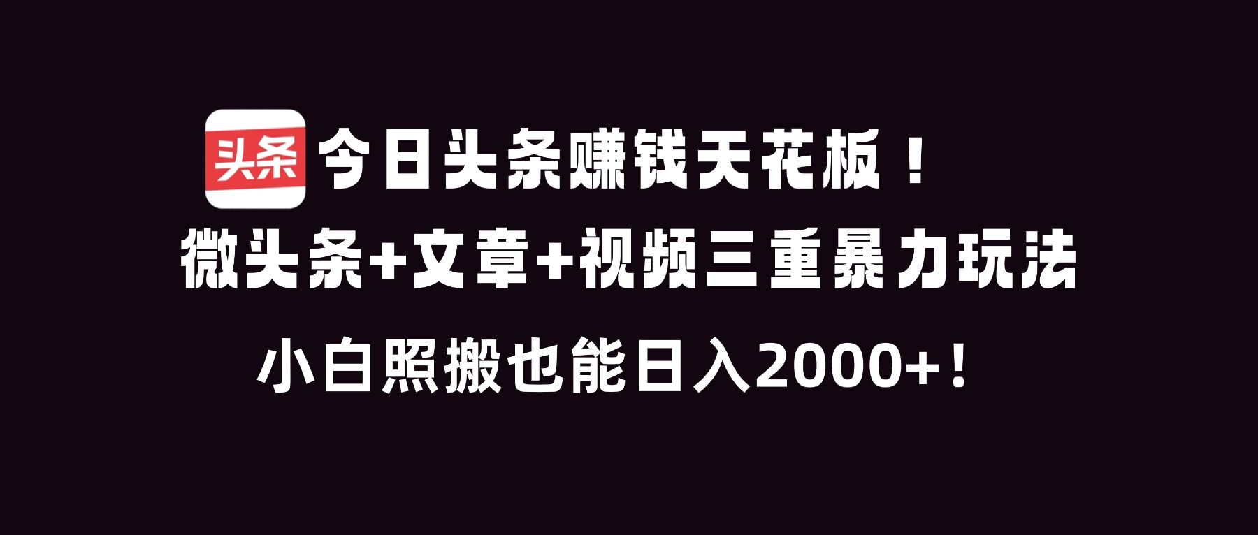 今日头条赚钱天花板!微头条+文章+视频三重暴利玩法,小白照搬也能日人2000+-紫橙资源网