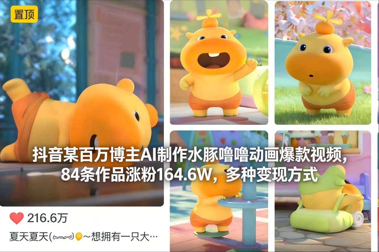 抖音某百万博主AI制作水豚噜噜动画爆款视频,84条作品涨粉164.6W,多种变现方式-紫橙资源网