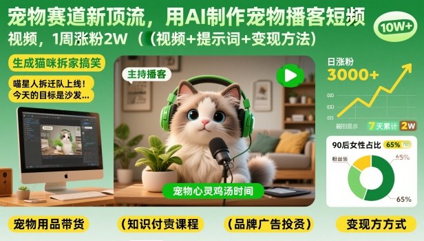 宠物赛道新顶流,用AI制作宠物播客短视频,1周涨粉2W(视频+提示词+变现方法)-紫橙资源网