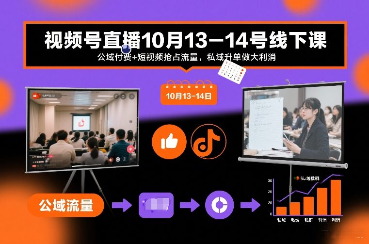 视频号直播10月13-14号线下课，公域付费+短视频抢占流量，私域升单做大利消-紫橙资源网