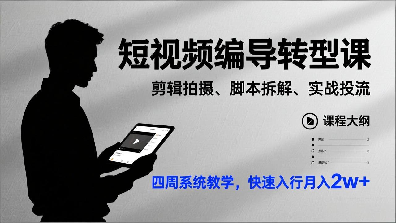 短视频编导转型课,剪辑拍摄、脚本拆解、实战投流,四周系统教学,快速入行月入2w+-紫橙资源网