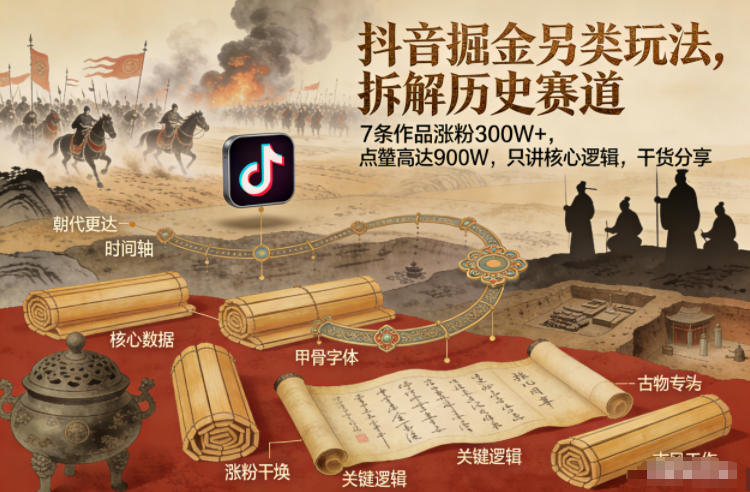 抖音掘金另类玩法,拆解历史赛道,7条作品涨粉300W+,点赞量高达900W,只讲核心逻辑,干货分享-紫橙资源网