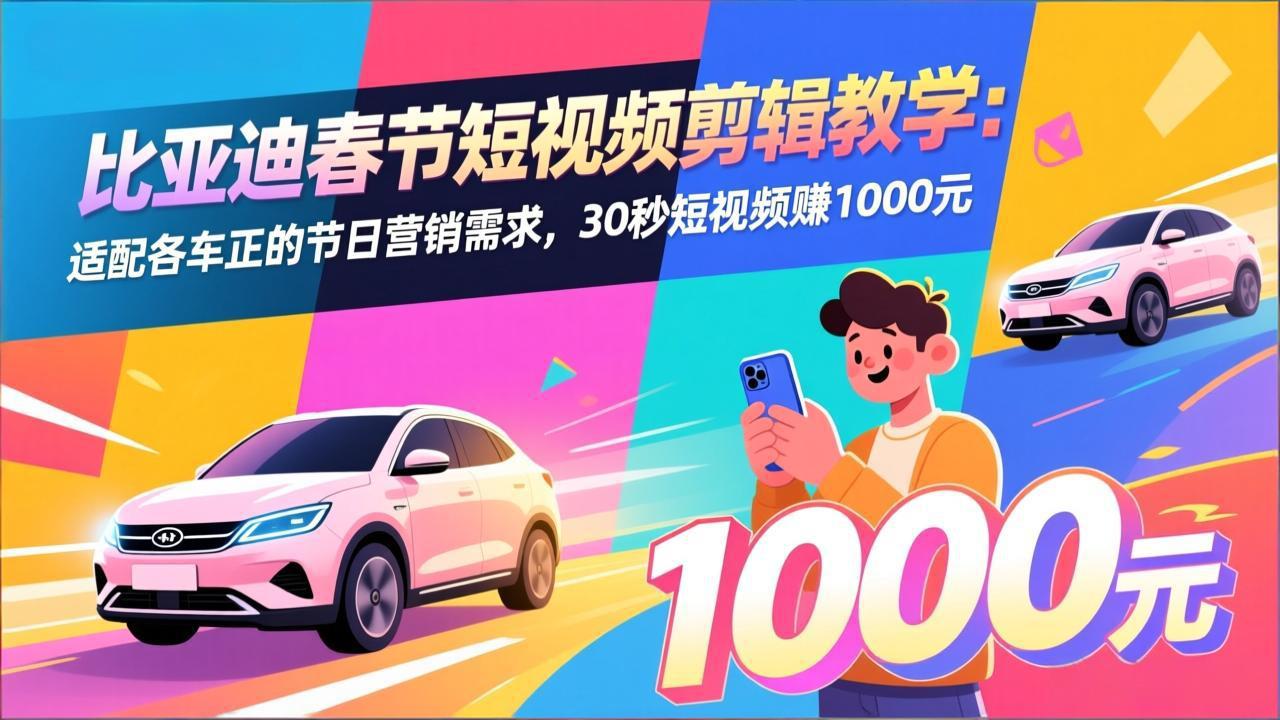 比亚迪春节短视频剪辑教学：适配各车企的节日营销需求，30秒短视频赚1000元-紫橙资源网