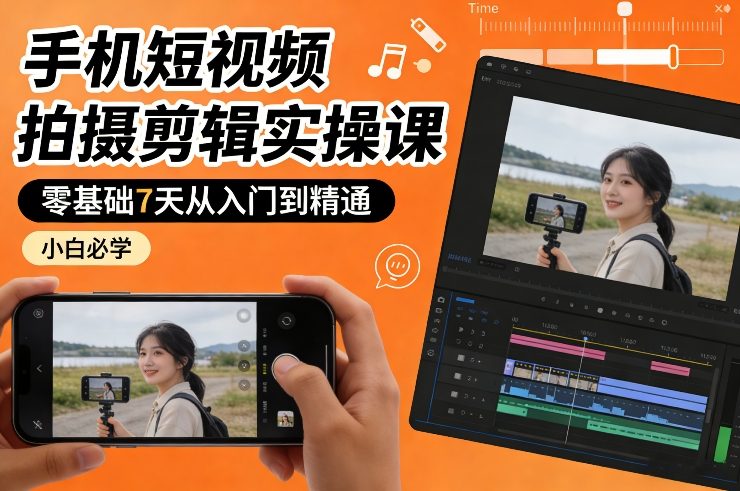 手机短视频拍摄剪辑实操课，零基础7天从入门到精通，小白必学-紫橙资源网