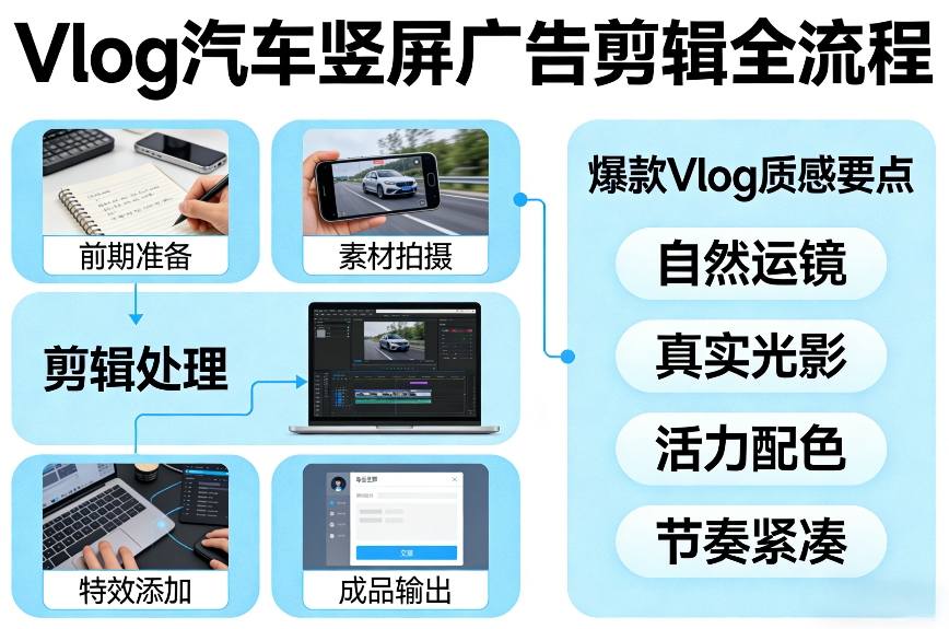 Vlog感觉汽车竖屏广告剪辑脚本全流程，拿捏爆款Vlog质感-紫橙资源网