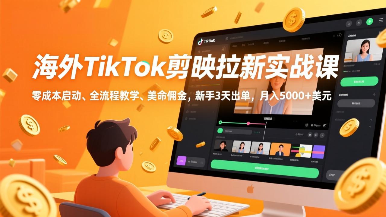 海外TikTok剪映拉新实战课，零成本启动、全流程教学、美金佣金，新手3天出单，月入5000+美元-紫橙资源网