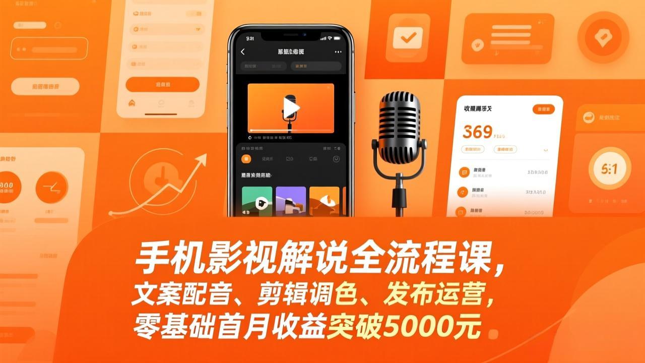 手机影视解说全流程课,文案配音、剪辑调色、发布运营,零基础首月收益突破5000元-紫橙资源网