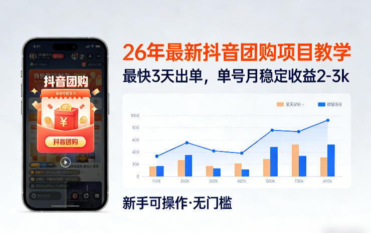 26年最新抖音团购项目教学，0门槛，最快3天出单，单号月稳定收益2-3k-紫橙资源网