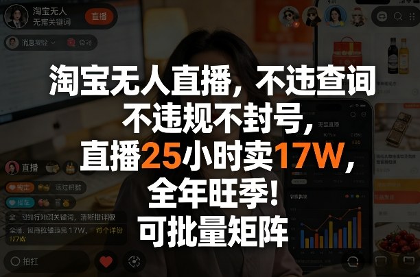淘宝无人直播，不违规不封号，直播25小时卖17W，全年旺季！可批量矩阵-紫橙资源网