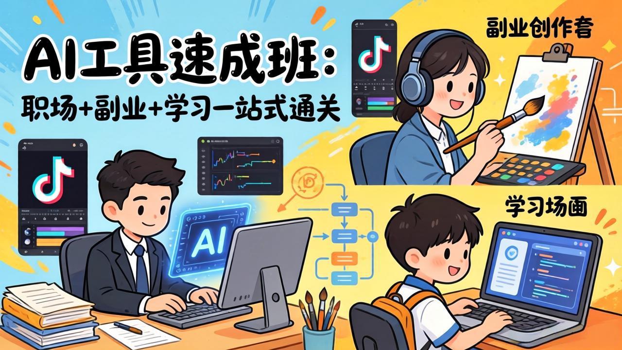 AI工具速成班:职场+副业+学习一站式通关,20+爆款类型+剪映技巧+抖音算法,0基础快速上手-紫橙资源网
