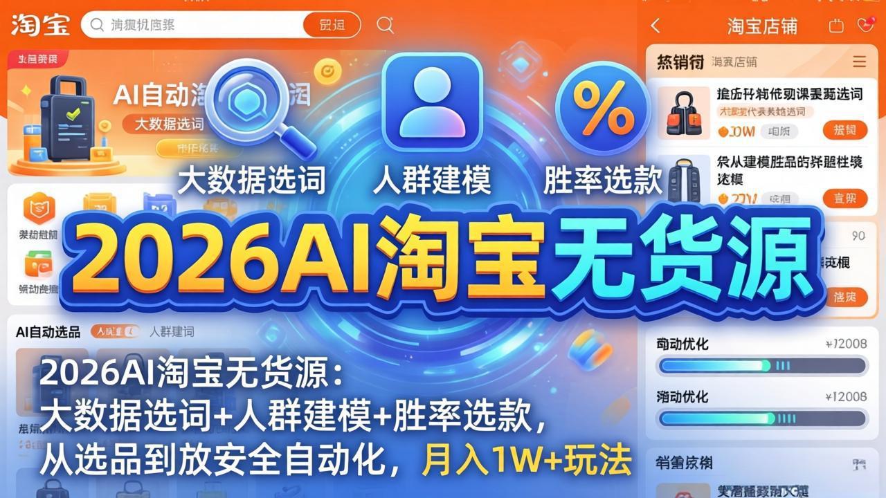 2026AI淘宝无货源:大数据选词+人群建模+胜率选款,从选品到放大全自动化,月入1W+玩法-紫橙资源网