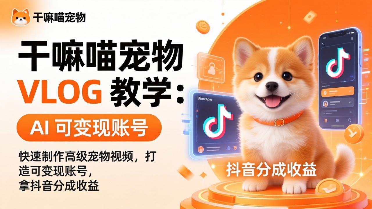 干嘛喵宠物 VLOG 教学：AI 快速制作高级宠物视频，打造可变现账号，拿抖音分成收益-紫橙资源网
