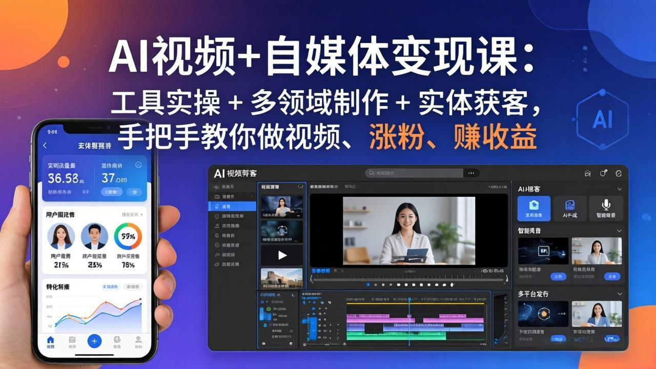AI视频+自媒体变现课：工具实操 + 多领域制作 + 实体获客，手把手教你做视频、涨粉、赚收益-紫橙资源网