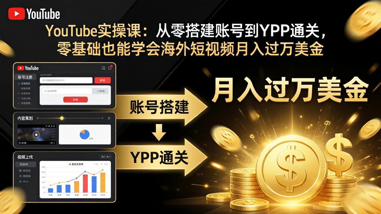 YouTube实操课：从零搭建账号到YPP通关，零基础也能学会海外短视频月入过万美金-紫橙资源网
