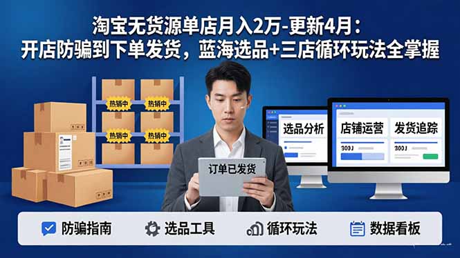 淘宝无货源单店月入2万-更新4月：开店防骗到下单发货，蓝海选品+三店循环玩法全掌握-紫橙资源网