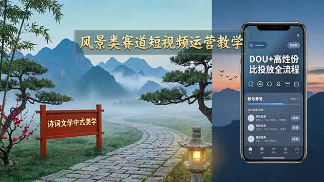 风景类赛道短视频运营教学：诗词文学中式美学，新号养号对标账号定位，DOU+高性价比投放全流程-紫橙资源网