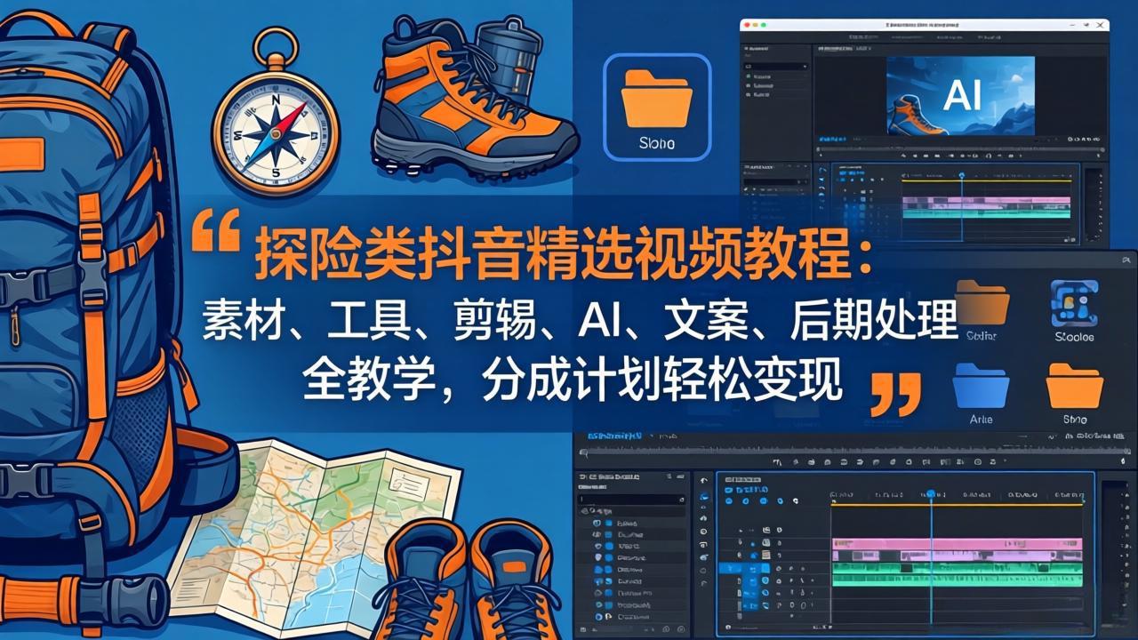 探险类抖音精选视频教程：素材、工具、剪辑、AI、文案、后期处理全教学，分成计划轻松变现-紫橙资源网