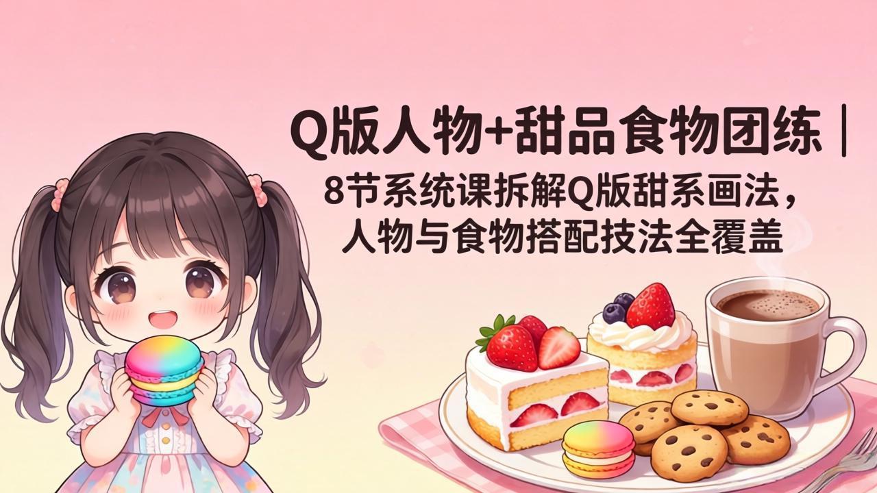 Q版人物+甜品食物团练|8节系统课拆解Q版甜系画法,人物与食物搭配技法全覆盖-紫橙资源网