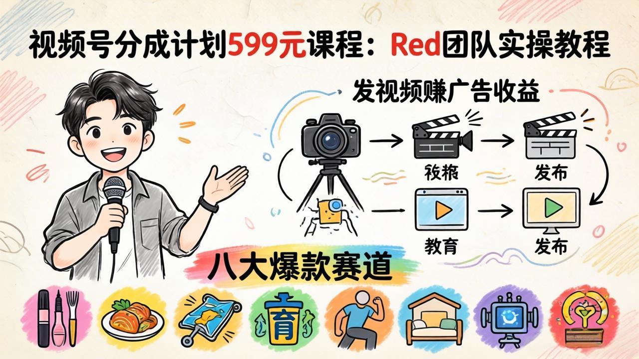 视频号分成计划599元课程：Red团队实操教程，发视频赚广告收益，八大爆款赛道全掌握-紫橙资源网