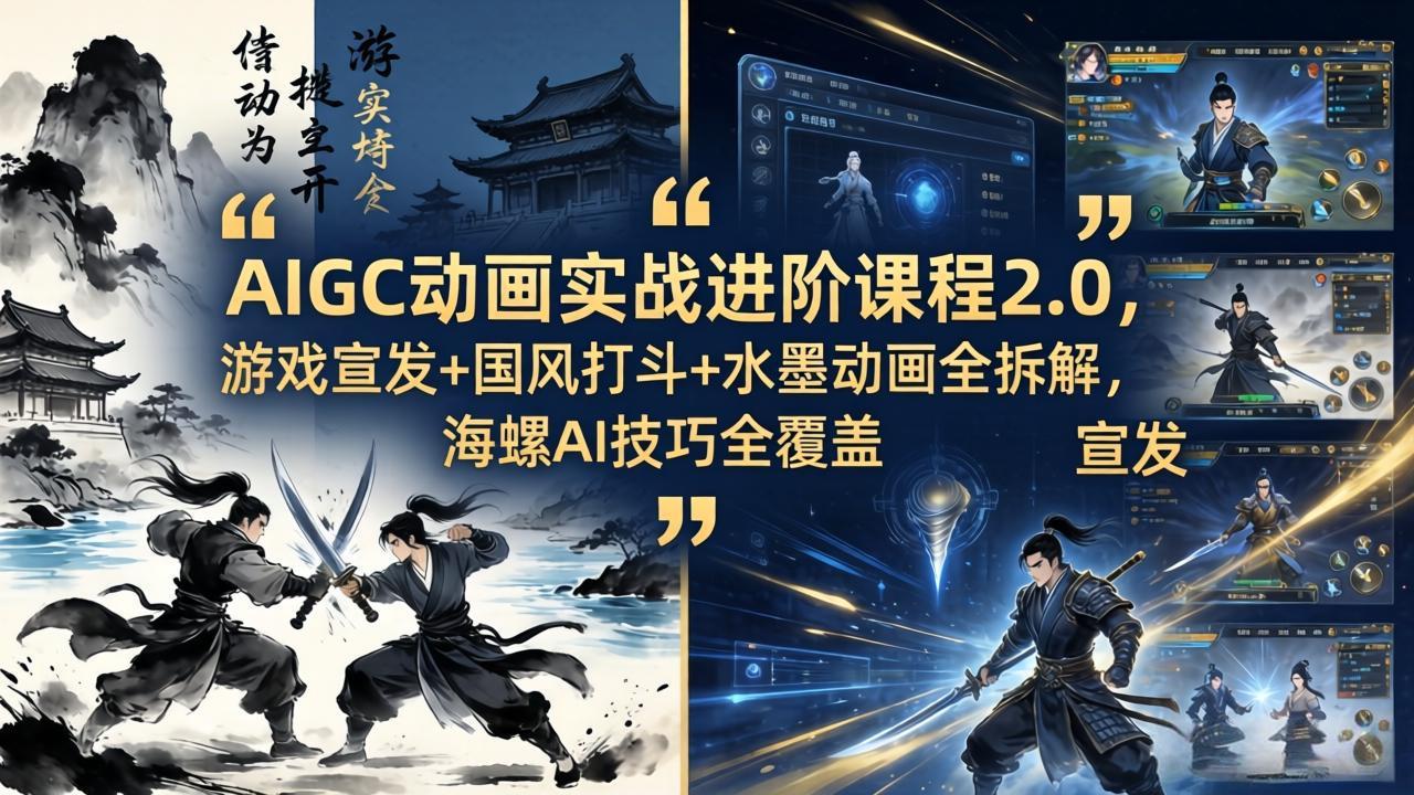 AIGC动画实战进阶课程2.0，游戏宣发+国风打斗+水墨动画全拆解，海螺AI技巧全覆盖-紫橙资源网