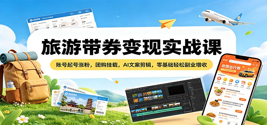 旅游带券变现实战课：账号起号涨粉，团购挂载，AI文案剪辑，零基础轻松副业增收-紫橙资源网