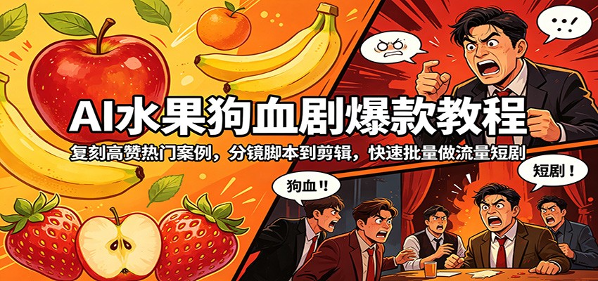 AI水果狗血剧爆款教程：复刻高赞热门案例，分镜脚本到剪辑，快速批量做流量短剧-紫橙资源网