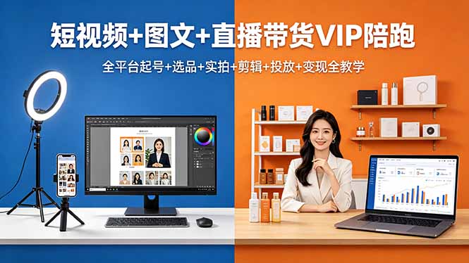 短视频+图文+直播带货VIP陪跑，全平台起号+选品+实拍+剪辑+投放+变现全教学-紫橙资源网