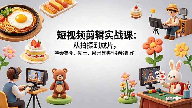 短视频剪辑实战课:从拍摄到成片,学会美食、粘土、魔术等类型视频制作-紫橙资源网