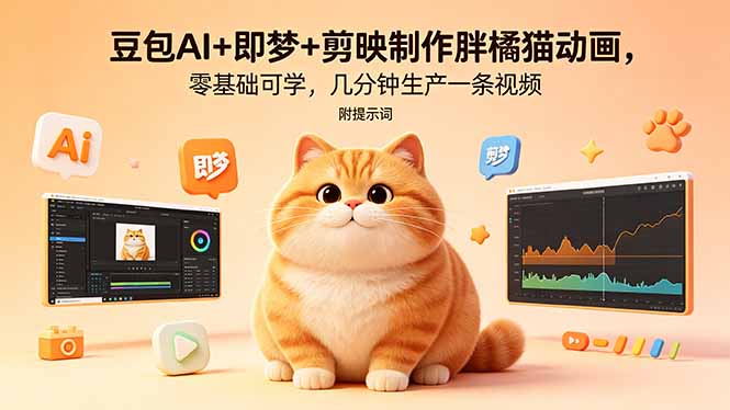豆包AI+即梦+剪映制作胖橘猫动画，零基础可学，几分钟生产一条视频，附提示词-紫橙资源网