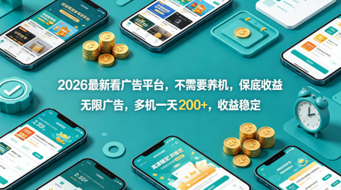 2026最新看广告平台,不需要养机,保底收益,无限广告,多机一天200+,收益稳定-紫橙资源网