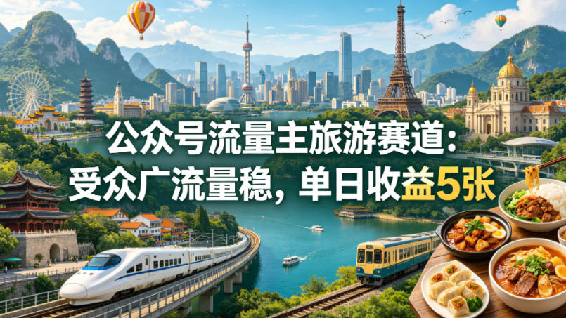 公众号流量主之旅游赛道,受众广+流量稳,平均单日收益5张+-紫橙资源网