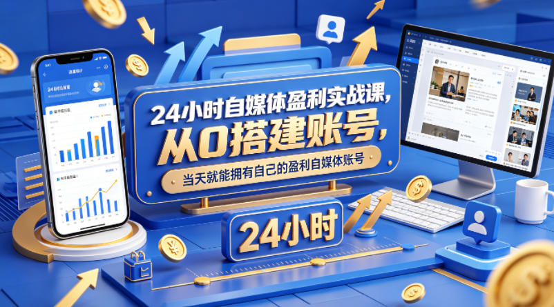 24小时自媒体盈利实战课,从0搭建账号,当天就能拥有自己的盈利自媒体账号-紫橙资源网