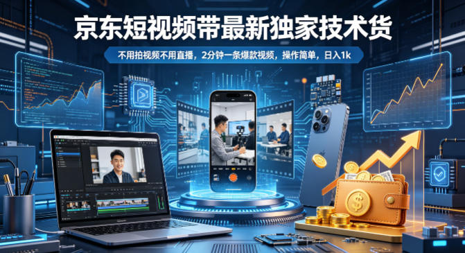 京东短视频带货最新独家技术,不用拍视频不用直播,2分钟一条爆款视频,操作简单,日入1k+-紫橙资源网