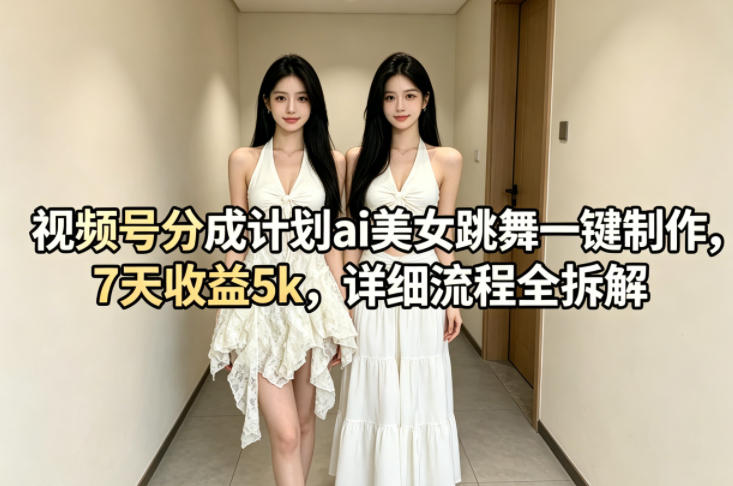 视频号分成计划ai美女跳舞一键制作，7天收益5k，详细流程全拆解-紫橙资源网
