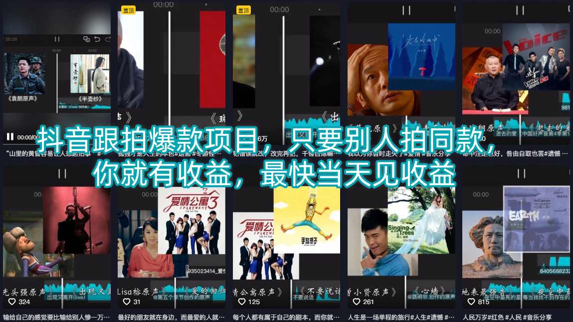 抖音跟拍爆款项目，只要别人拍同款，你就有收益，最快当天见收益-紫橙资源网